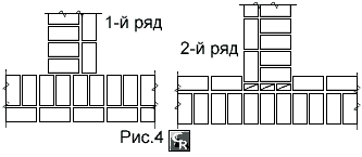 Пример кладки примыканий стен в 1,5 и 1,5 кирпича при однорядной цепной перевязке швов