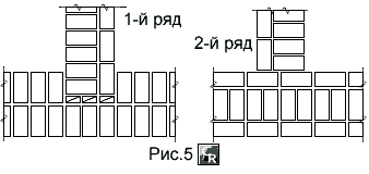 Пример кладки примыканий стен в 2 и 1,5 кирпича при однорядной цепной перевязке швов