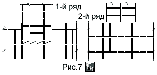 Пример кладки примыканий стен в 2,5 и 2 кирпича при однорядной цепной перевязке швов
