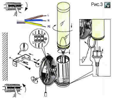 Подключение настенного светильника к электропроводке через соединительный шнур с выключателем