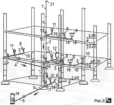 Схема разводки бытовой канализации в 3-х уровнях из полипропиленовых труб и узлов