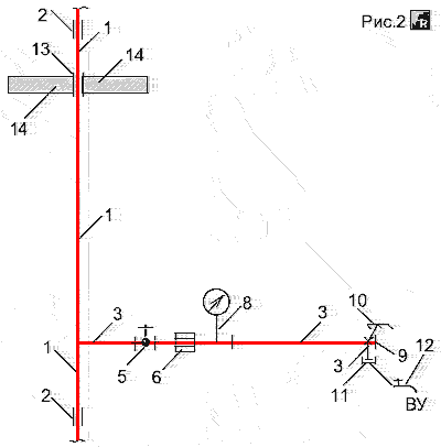 Схема устройства стояка № 1 с разводкой горячей воды по металлическим трубам и с подводками к сантехнике
