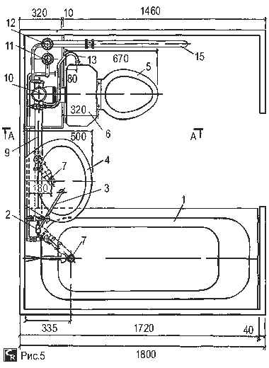 Монтажная схема подключения ванны и раковины к сетям водопровода и канализации в совмещённом санузле для однокомнатной квартиры