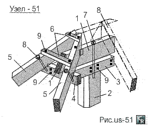 Пример крепления диагональных стропильных ног на консоль прогона без опоры на подкосы вальмового ската