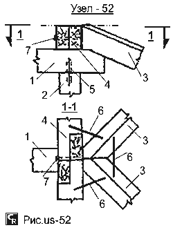 Пример крепления диагональных стропильных ног на консоль конькового прогона из бруса