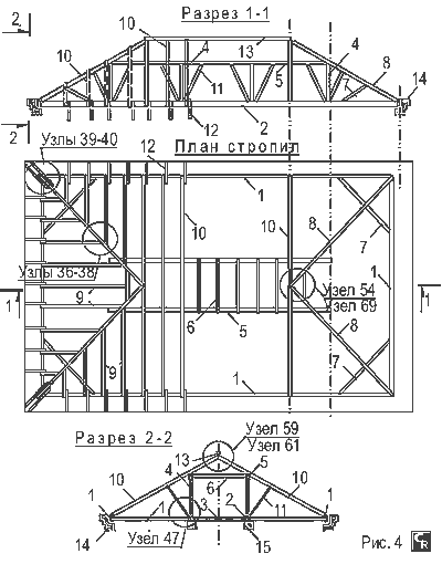 Схема деревянных наслонных стропил с упором на два прогона для вальмовой крыши
