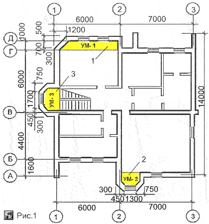 План монолитной железобетонной плиты перекрытия УМ-1 с косым углом в комнате жилого дома