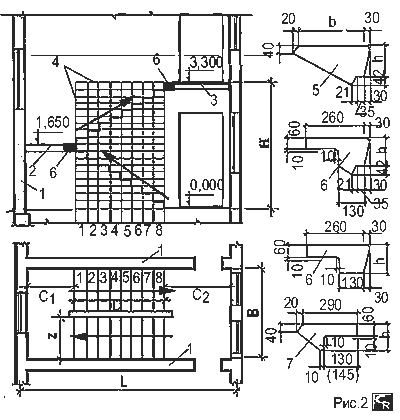 Разбивочная схема двухмаршевой лестницы из сборных мелкоразмерных железобетонных элементов