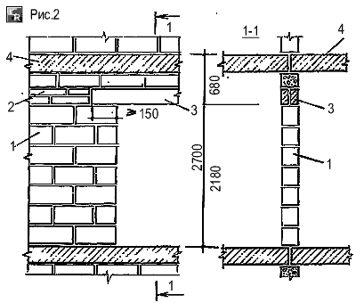 Схема дверного проёма в наружных и внутренних несущих стенах из ячеистобетонных камней